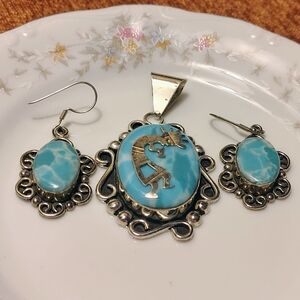 Vintage 80s KokoPelli NATIVE Mexico 925 Silver Larimar PENDANT & Earrings